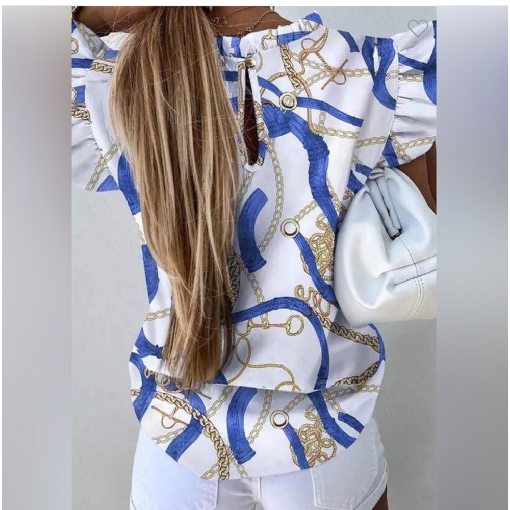 Chain Print Ruffle Sleeve Top - Picture 2 of 3